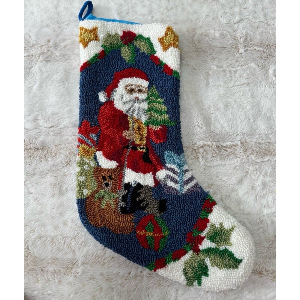 Santa Teddy Bear Christmas Stocking Needlepoint 100% Wool Velvet Ridgefield Home